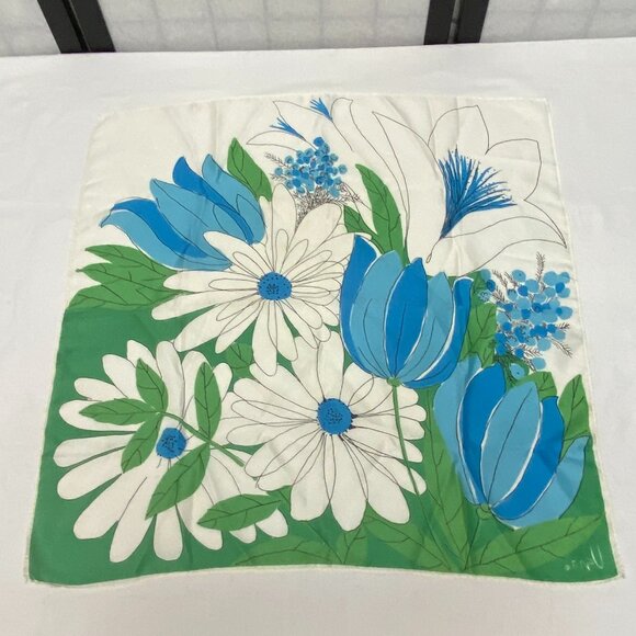 Vintage Vera Neumann Daisy and Tulip Design Small Square Scarf Blue Green White - Picture 2 of 4